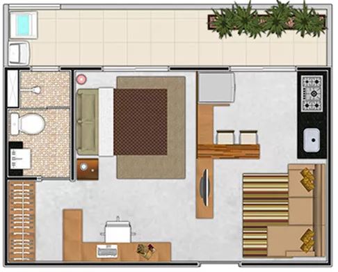 Diseño de apartamento rectangular de 1 dormitorio
