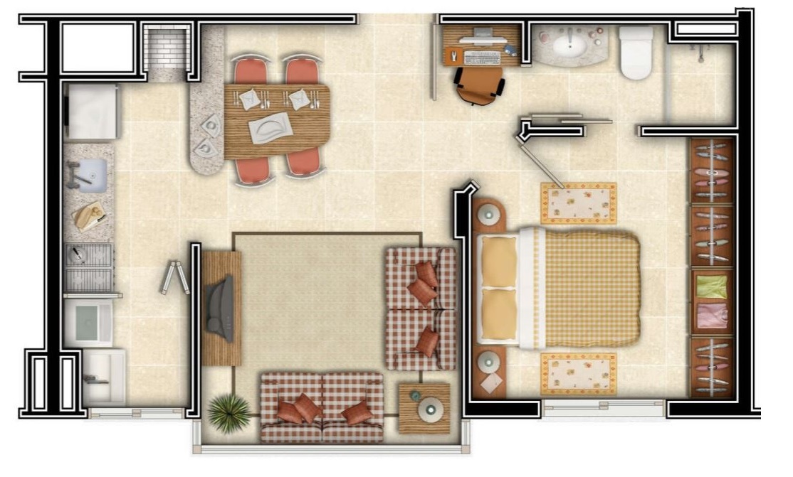 Diseño para apartamento de 1 dormitorio con privacidad