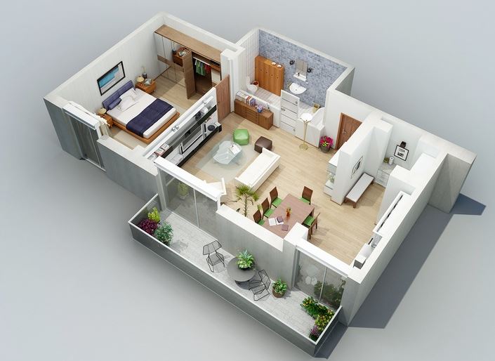 Modelo de apartamento clásico de 1 dormitorio