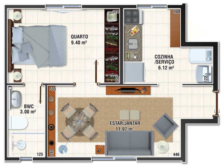 Modelo de apartamento sencillo de 1 dormitorio