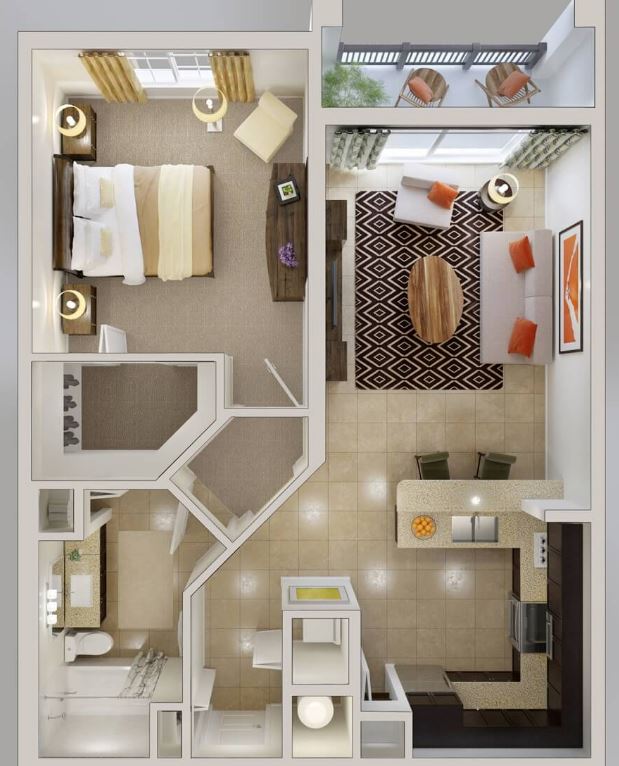 Modelo para apartamento de 1 dormitorio moderno