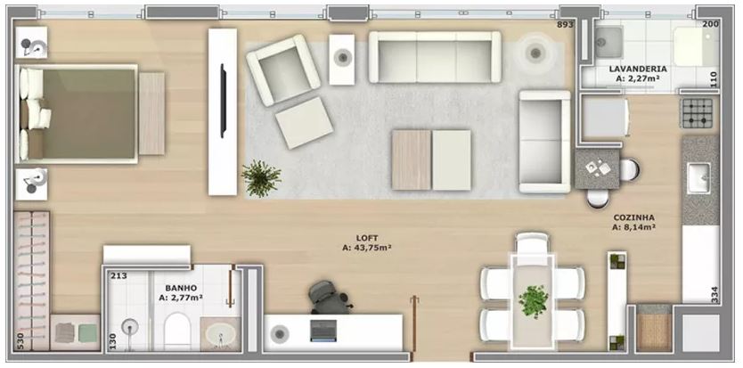 Plano de apartamento de 1 dormitorio semi abierto