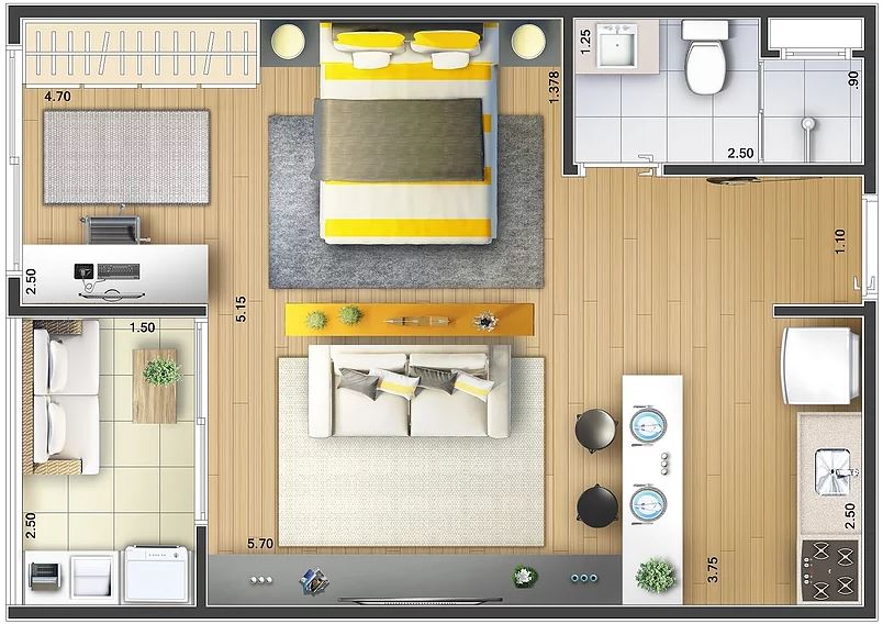 Plano para apartamento tipo estudio de 1 dormitorio