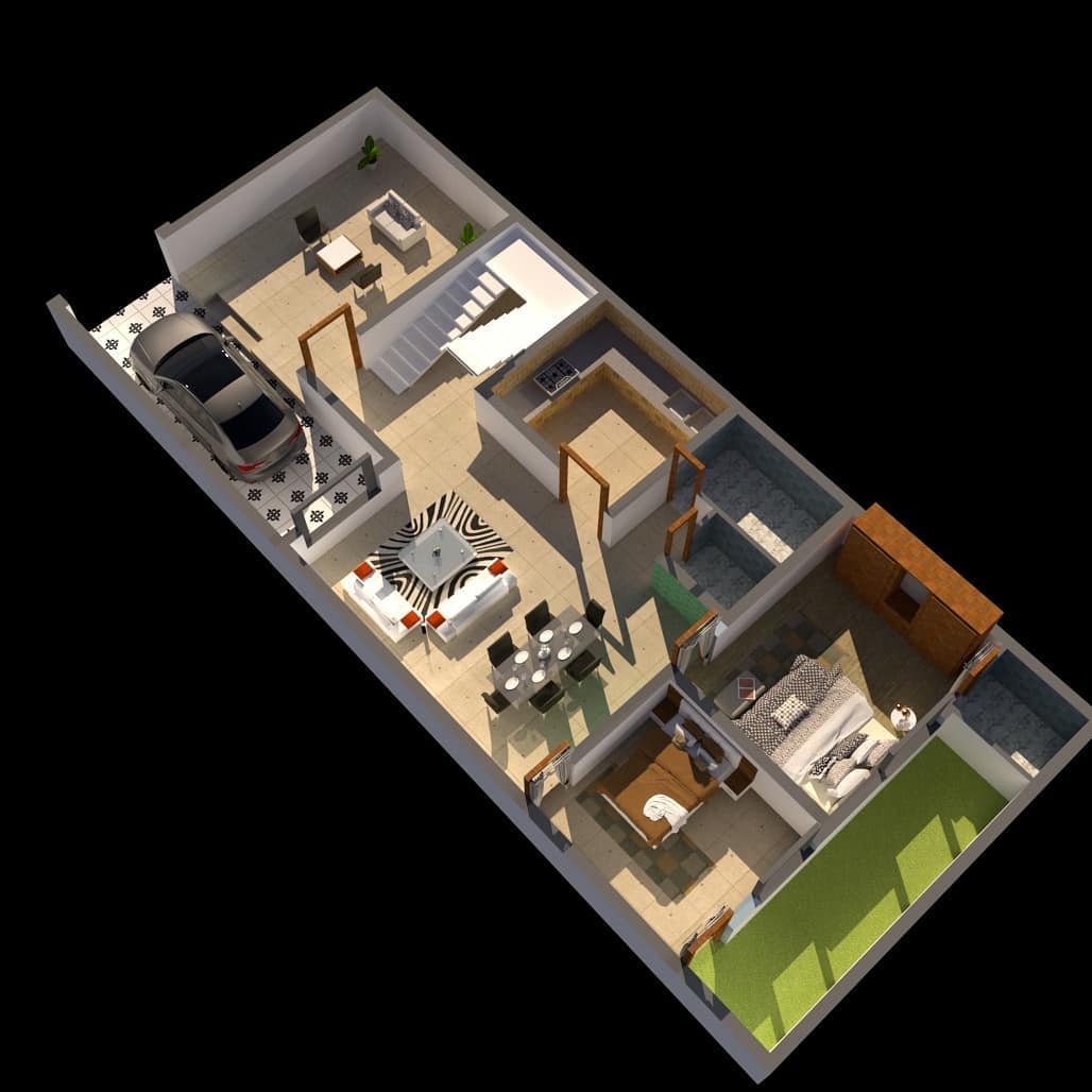 Plano de casa 3D con dos habitaciones y cochera angosta