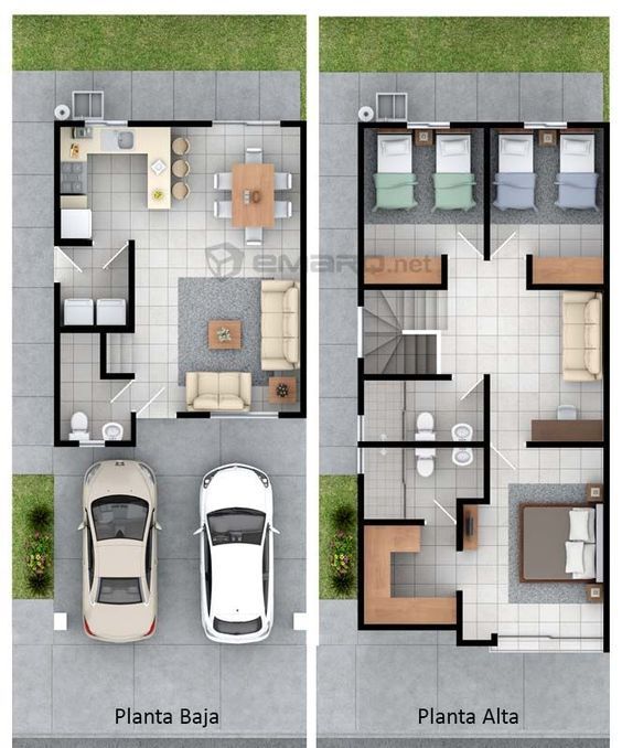 Plano de casa con 3 habitaciones en planta alta