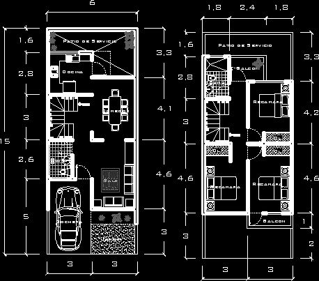 Casa de dos pisos con planos en autocad para casa con 2 habitaciones