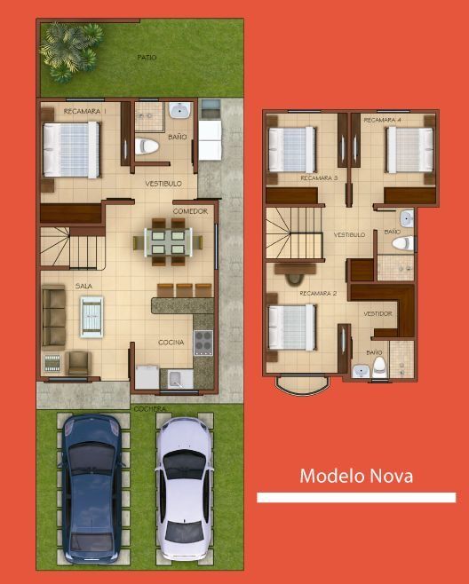 Diseños de planos de casas pequeñas de dos pisos con 3 dormitorios