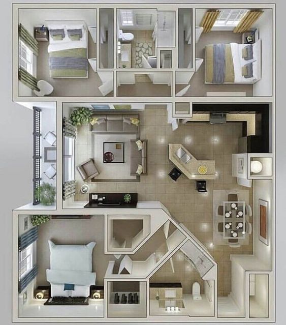 Plano de casa clásica de 3 dormitorios en una planta