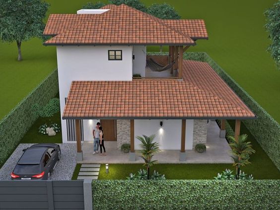 Plano de casa moderna con techo de cuatro aguas