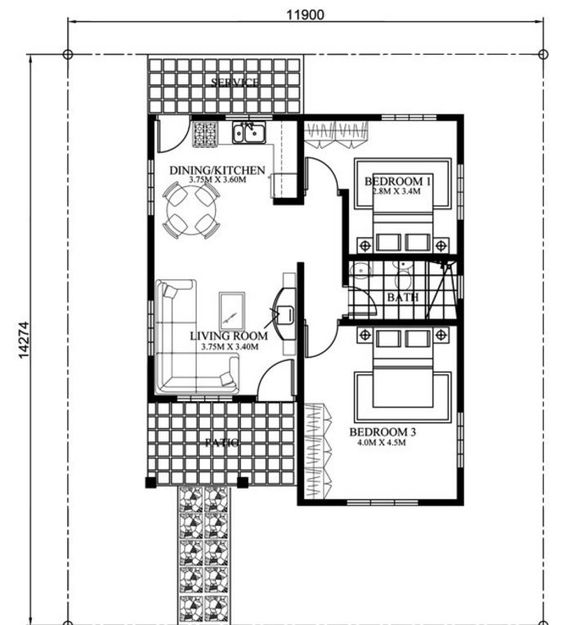 Casa de dos dormitorios en una planta