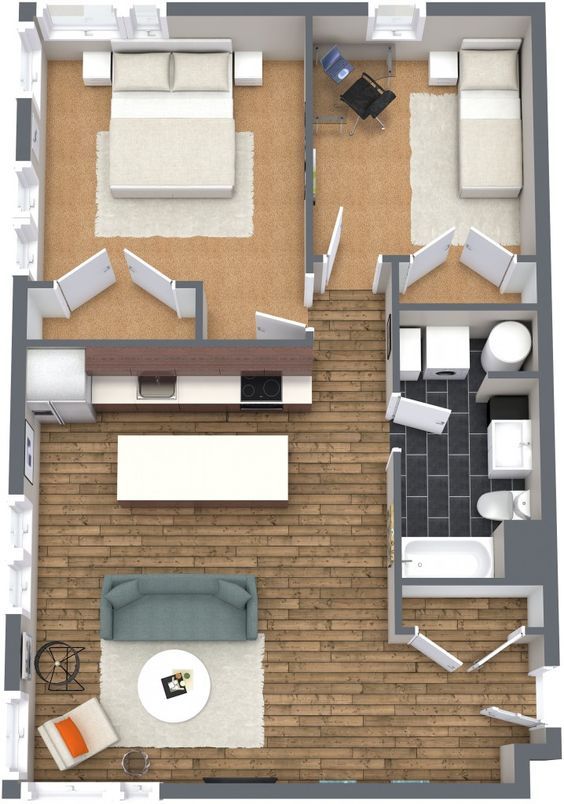 Diseño de planos de casa de dos cuartos y corredor
