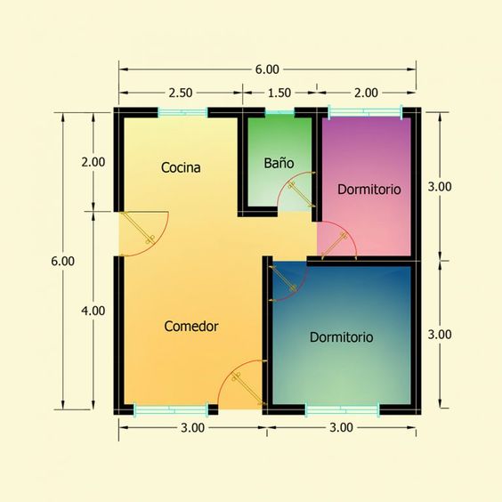 Plano de casa sencilla de dos dormitorios