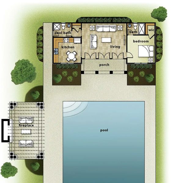 Planos de casas con piscina y jardín