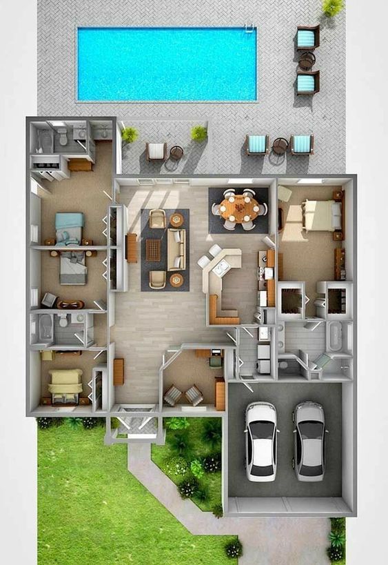 Plano de casa moderna con dos habitaciones
