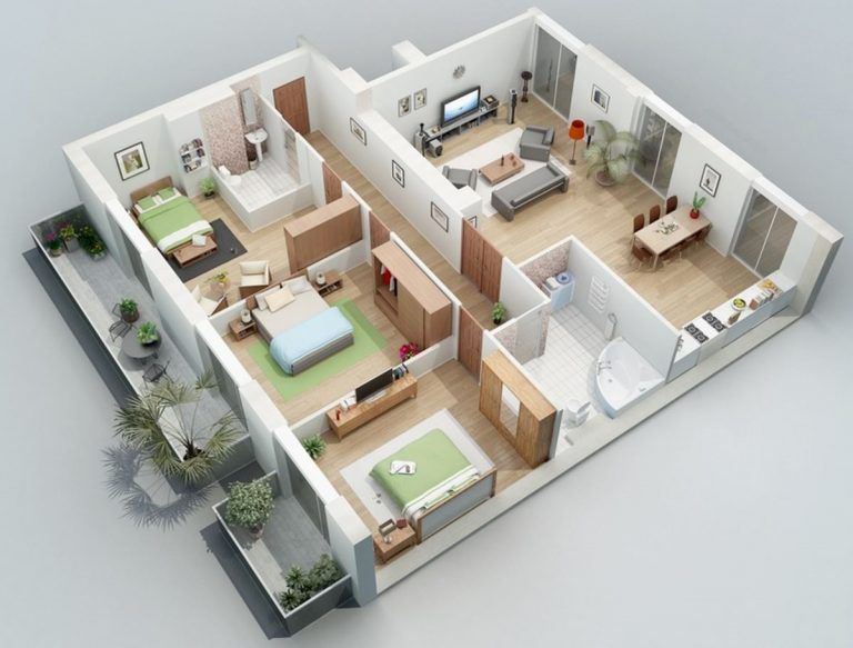 Diseño de departamentos con tres habitaciones