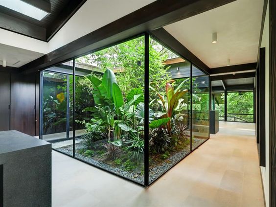 Jardineras interiores con ventanales de cristal